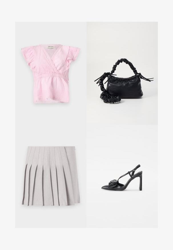 Roosa lühikeste varrukatega topp, millel on volditud, kortsunud disain ja pitsääris kaeluse ning varrukate ääres. Painduv talje mugavaks istuvuseks.; Hallgray plekilise seelik sujuva tekstuuriga, millel on mitu vertikaalset voldikest ja sobiv talje. Valmistatud kerge kangaga.; Must musta kõrge kontsaga king, millel on terav varvas, läikiv tekstuur, peened rihmad ja dekoratiivne volditud detail ees.; Must must sünteetilisest nahast käekott, millel on krokodillimuster, kokku tõmmatav ülaosa ja kortsus rihm. Tundub pehme ja kompaktne disain.