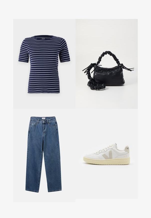 Marineblå T-skjorte med horisontale hvite striper, korte ermer og rund hals. Laget av et mykt, elastisk stoff.; Klassiske blå denimjeans med rett ben-design, fem lommer og knappelukking. Har en middels vask og solid tekstur.; Hvite lær sneakers med beige semsket detaljer, perforert tåboks, flate lisser og en teksturert kremfarget såle. Har subtil branding på hælen.; Svart faux skinn-håndveske med krokodilletekstur, strammet topp og en rynket stropp. Ser myk og kompakt ut i designen.