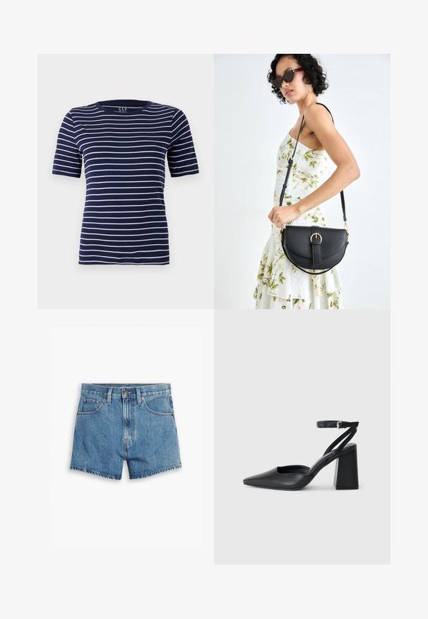 Navyblauwe T-shirt met horizontale witte strepen, korte mouwen en een ronde halslijn. Gemaakt van een zachte, rekbare stof.; Lichtblauwe denimshorts met vijf zakken, een ritssluiting en een knoopsluiting. De zoom is rafelig en heeft een ontspannen pasvorm.; Zwarte leren puntige pump met een enkelbandje en een chunky hak. Vlakke textuur, strakke vormgeving en minimalistische esthetiek.; Zwarte leren handtas met een gebogen vorm, afneembare schouderband en gouden hardware. De tas heeft een klep met een gespsluiting.