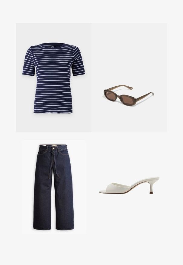 Dunkelblaues T-Shirt mit horizontalen weißen Streifen, kurzen Ärmel und Rundhalsausschnitt. Aus einem weichen, dehnbaren Stoff gefertigt.; Weite, dunkelblaue Jeans aus Denim mit hoher Taille, ausgestattet mit einem Kordelzug, fünf Taschen und kontrastierenden Nähdetails.; Weiße, offene High-Heel-Mules mit glatter Oberfläche, minimalistischer Gestaltung und schlankem Absatz, ausgestattet mit einem subtilen braunen Akzent auf der Sohle.; Braune ovale Sonnenbrillen mit dunklen Gläsern. Das Gestell besteht aus einem transparenten braunen Material und hat ein auf den Bügeln aufgedrucktes Logo.; Grüne Lederhandtasche mit glatter Textur, gebogenem Design und geflochtenem Griff. Verfügt über einen Reißverschluss und einen verstellbaren Riemen.