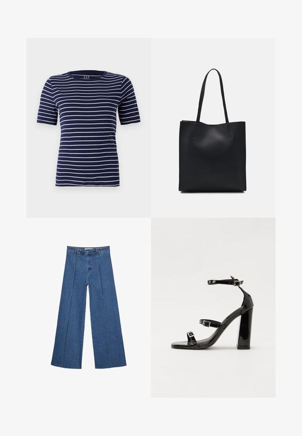 Marineblå T-shirt med horisontale hvide striber, korte ærmer og rund halsudskæring. Fremstillet af et blødt, strækbart stof.; Bredde ben denim jeans i mellemblå, med høj talje, knaplukning og kontrasterende lodrette sømdetaljer foran.; Sorte patenterede hælsandaler med firkantet tå, ankelremme og sølvspænder. Har en chunky blokHæl for stabilitet.; Sort læder tote taske med glat tekstur, rektangulær form og to lange hanke. Ingen synlig hardware eller udsmykninger.