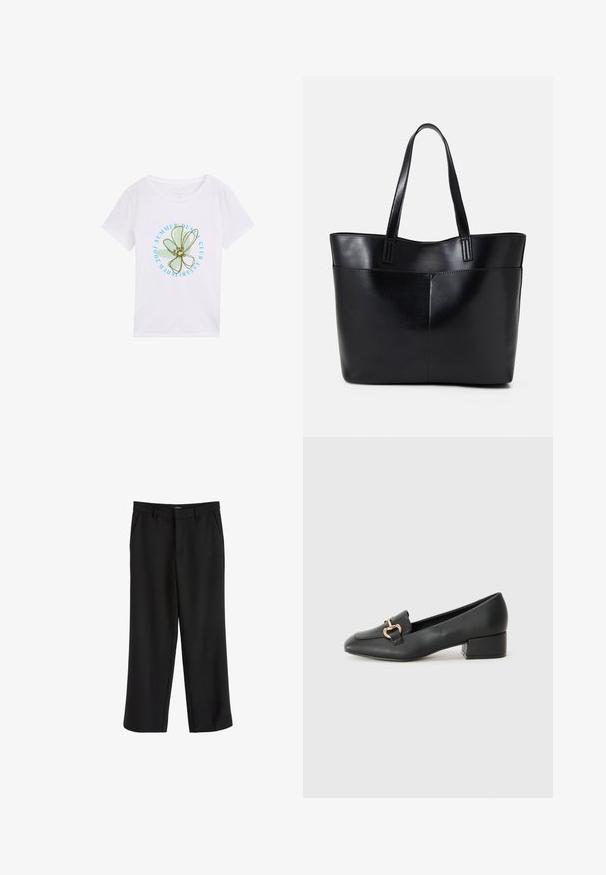 Balta kokvilnas T-kreklu ar apaļu grafiku, kurā attēlots zaļš ziedu dizains un zils teksts "VASARAS DENIM KLUBS IZVEIDOTS 2017."; Melni bikses ar gludu audumu, taisnu kāju dizainu un plakaniem priekšējiem kabatām. Aprīkotas ar jostasvietu ar jostas cilpām. Nav redzamu rakstu.; Melnas ādas loafers ar plakanu papēdi, kurām priekšā ir dekoratīvs zelta aparatūras elements un gluda tekstūra.; Melnas ādas iepirkumu soma ar divām garām rokturām, gludu tekstūru un strukturētu formu. Iekļauj priekšējo kabatu papildu uzglabāšanai.