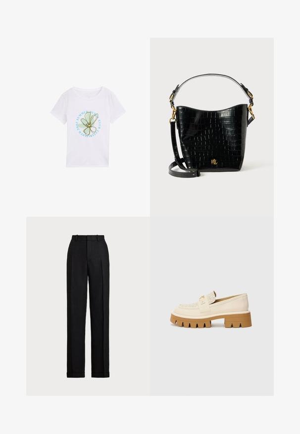 Bela bombažna majica s krožno grafiko, ki ima ontwerp zelene cvetlice in modro besedilo "SUMMER DENIM CLUB ESTABLISHED 2017."; Črne hlače z visokim pasom, narejene iz lanu. Imajo naravnost oblikovane nogavice, zarinjene pregibe in manšetne robove. Brez vidnih žepov ali zaponk.; Bež balerinke z teksturiranim kremnim trakom, ki imajo masiven rjav podplat z vzorcem, podoben zobom. Zlata dekoracija na podrobnosti s sponko.; Črna torbica iz usnja z embosiranim krokodiljim vzorcem, ukrivljene oblike, z zlatimi akcenti, nastavljivim trakom in podrobnostjo logotipa spredaj.