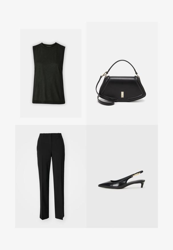 Svart, ärmlös topp i mjukt tyg med rundad halsringning och avslappnad passform. Enkel design utan synliga mönster eller detaljer.; Sorte skreddersydde bukser med rett silhuett, med en glatt tekstur og klare pressede bretter foran. Ingen synlig maskinvare.; Sorte lærreim hæler med spiss tå, som har en slank hæl og en gullfarget detalj på den justerbare stroppen. Glatt tekstur.; Sort lærveske med en strukturert design, som har en avkortet form, topphåndtak og detaljer i gull. Justerbar skulderstropp inkludert.