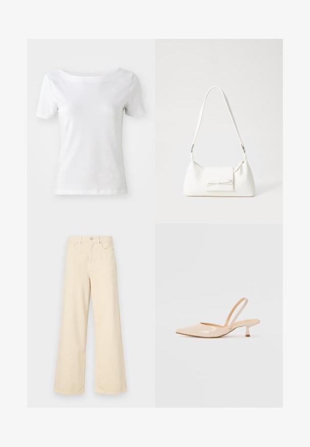 T-shirt branca de manga curta em algodão, com decote barco e textura suave. Design simples e sem adornos.; Jeans de perna larga bege feitos de algodão. Apresentam um fecho de botão, passadores para cinto e bolsos frontais com uma textura lisa e suave.; Saltos slingback em couro sintético bege com bico apontado e um salto quadrado fino. Textura suave e design minimalista sem embellishments.; Mala sintética branca com formato triangular, aba frontal plana e detalhe de laço, alça ajustável, textura suave e design minimalista.