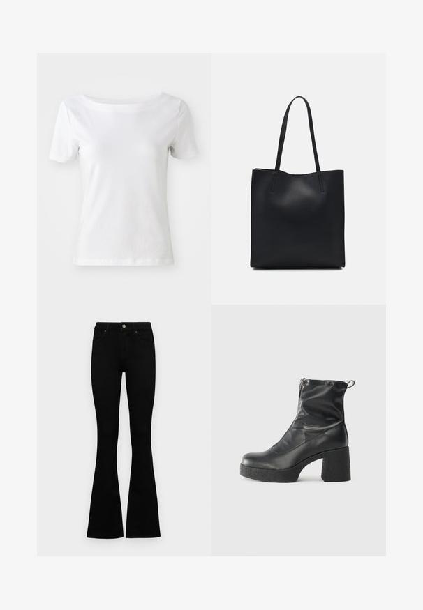 Hvit kortermet t-skjorte laget av bomull med båtutringning og en jevn tekstur. Enkelt og ubehandlet design.; Sorte høytlivsjeans med knapp og glidelås, frontlommer og utsvingte bein liggende flatt på en hvit bakgrunn.; Svarte ankelstøvler laget av glatt lær, med glidelås på siden, chunky strukturert hæl, og rund tå-design.; Svart lær tote bag med glatt tekstur, rektangulær form og to lange håndtak. Ingen synlige deler eller dekorasjoner.