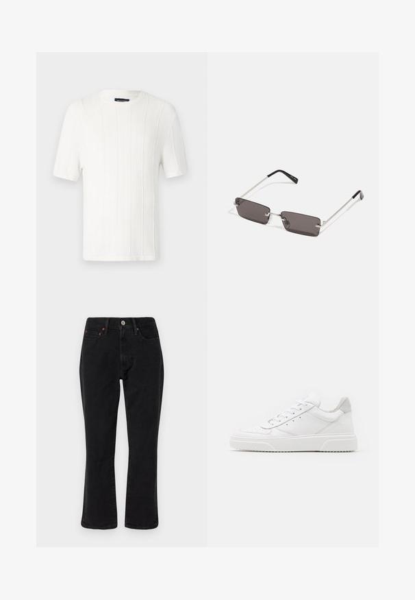 Valge lühikeste varrukatega kudum, millel on ribatrepp ja ümmargune kaelus ning peen muster. Kerge kangas ja veidi kergelt liibuva kujuga.; Must musträäp ja hallikirju jope kraega, nööpidega ees ja kahe rinna taskuga. Valmistatud tekstuursest kangast.; Mustad mustrid teksased, klassikalise sirge jalgade lõikega, viie taskuga stiilis ning metallist detailidega, millel on vasest aktsendid. Sile tekstuur ja keskmine tõus.; Valged nahast spordijalatsid siledast nahast viimistlusega, ümarate varvastega, lamekestega ja tekstuuriga tallaga. Hall suede aktsent kanna juures.; Kübarid, millel on ristkülikukujulised, tumedhalli värvi läätsed, hõbedased metallraamid ja mustad plastotsad käeotsades. Kerge disain koos nina padjadega.