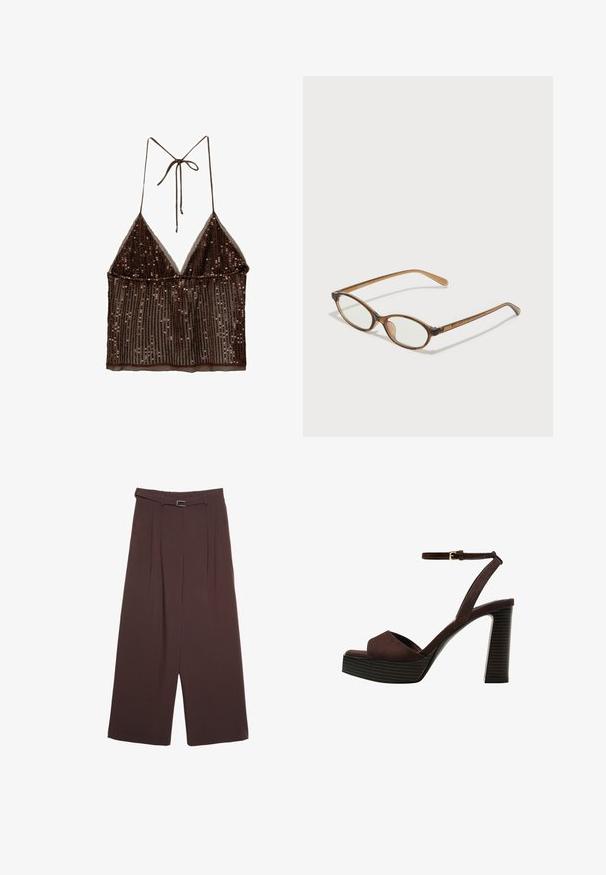 Ruskea paljeteilla koristeltu lyhyempi toppi, jossa on kolmiomainen leikkaus, säädettävät olkaimet ja läpinäkyvä kangas. Topissa on kerroksellinen muotoilu ja ribbikuvio.; Stradivarius WIDE-LEG WITH BUCKLE DETAIL - Housut - dark brown; Ruske kožne sandale s visokom potpeticom, otvorenim prstima, podesivim kopčanjem oko gležnja i prugastim platformskim đonom.; Ruskeat kilpikonnaruutulasiset silmälasit, joissa ovaalit linssit, ohuet varret ja läpinäkyvät yksityiskohdat. Temppeleissä on huomaamaton logo. Suunnittelultaan suora ja kevyt.