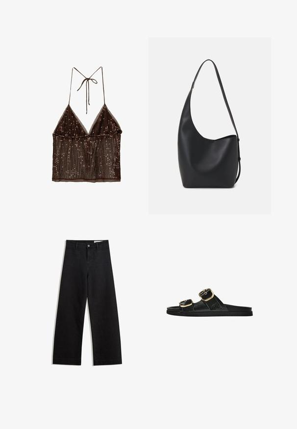 Brauner, mit Pailletten besetzter Croptop mit dreieckigem Ausschnitt, verstellbaren Trägern und transparentem Stoff, der ein mehrlagiges Design und eine gerippte Textur aufweist.; Schwarze weit geschnittene Jeans mit hoher Taille, ausgestattet mit Vorder- und Hintertaschen, gesteppten Nähten und einem Knopfverschluss. Glatte Textur.; Schwarze Riemensandale mit zwei goldenen Schnallendetails, glattem Material, flachem Sohlen und minimalistischer Gestaltung.; Schwarze Leder-Hobo-Tasche mit einer glatten Textur, geschwungener Form und einem einzelnen verstellbaren Tragegurt; verfügt über eine weite Öffnung am oberen Ende.