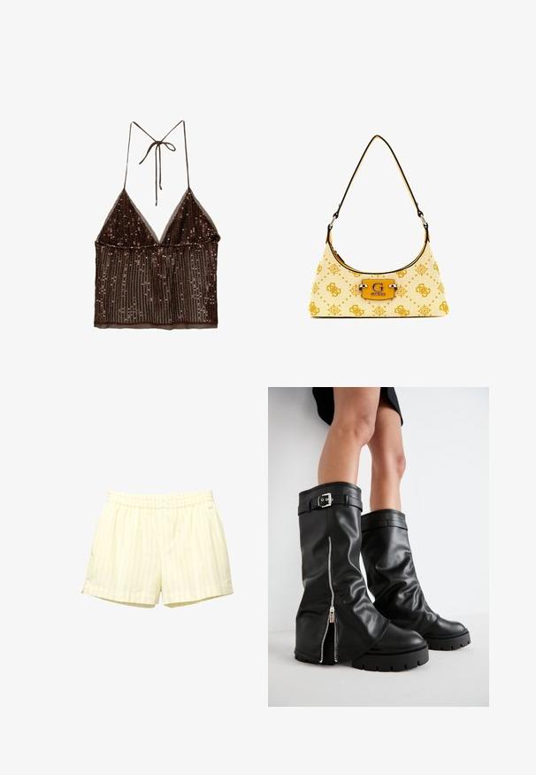 Hnedý sekvenčný crop top s trojuholníkovým strihom, nastaviteľnými ramienkami a priesvitnou látkou, s vrstveným dizajnom a ribbovou textúrou.; Žlté pruhované šortky vyrobené z mäkkej látky, s elastickým pásom a dvoma gombíkovými zapínaniami. Horizontálne pruhy v bledozltej a bielej farbe.; Čierne kožené vysoké čižmy po kolená s širokým nohavičkou, so bočným zipsom a detailom s prackou, štruktúrovaným povrchom a robustnou gumovou podrážkou.; Hobo taška v krémovej látke s žltým vzorom loga. Má zakrivený čierny popruh a výraznú žltú plaketu s logom so striebornými kovovými prvkami.