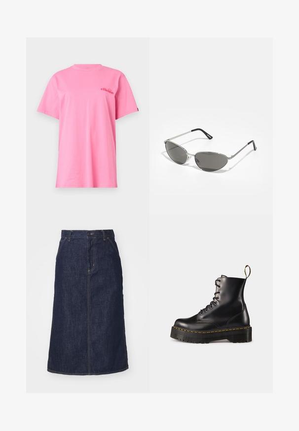 Roosa puuvillane T-särk lühikeste varrukatega, ümar kaelus ja väike punane logo rinnal. Pehme tekstuur ja vabalt langetatud lõige.; Tume denim.seelik kõrge vöökoha, sirge lõike, esikottide ja õmmeldud õmblustega. Vöökoht on varustatud luku ja nööbiga.; Mustad musta nahast kingad, millel on paks must solk ja kollane õmblus. Tagaküljel on tõmblõng ja ümmargused metallisest silmad.; Prillispid prillid, millel on peen hõbedane metallraam, hallid toonitud läätsed ja aerodünaamiline disain, millel on teravad servad ja õhukesed varred.; Mustmustritud must kott, millel on suur avaus, kõverad vormid pinnal ja silt, millel on kollane ja valge tekst esitlusel.; Kulla värvi nõelad, õhukesed ja ümmargused, millel on sile metallist pind ja ilma kaunistuste või mustriteta.