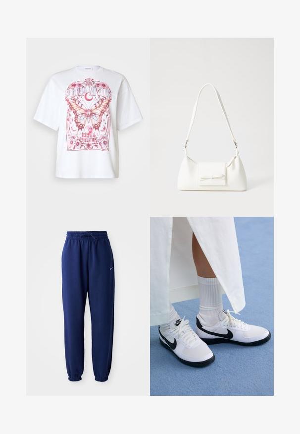 Camiseta blanca de gran tamaño con un gráfico de mariposa rosa, acentos florales y un texto que dice "Aurora Mística Revelaciones Celestiales."; Pantalones de chándal azul marino hechos de una tela suave, que cuentan con una cintura elástica con cordón, puños elásticos y un pequeño logo blanco.; Zapatillas Nike blancas con acentos negros, que presentan un upper de cuero suave, cordones blancos y suelas de goma resistentes, combinadas con calcetines blancos acanalados.; Bolso sintético blanco con forma triangular, tapa frontal plana y detalle de lazo, correa ajustable, textura suave y diseño minimalista.