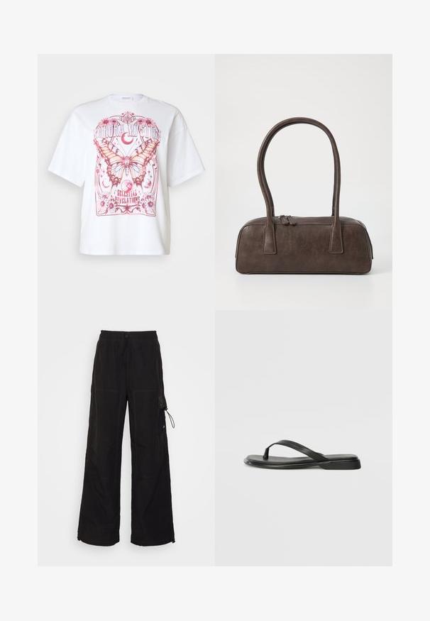 Balts pārāk liels T-krekls ar rozā tauriņa grafiku, ziedu akcentiem un tekstu "Aurora Mystic Celestial Revelations."; Melni plaša apģērba bikses, izgatavotas no teksturēta auduma. Aprīkotas ar elastīgu jostasvietu ar auklu, sānu kabatām un kontrastējošiem izšuvumu apdares elementiem.; Melni flip-flopi, kas izgatavoti no gludas ādas, ar plānu siksniņu dizainu un plakanu zoli ar minimālu profilu. Nav ievērojamu rakstu vai akcentu.; Brūna ādas rokassoma ar divām izturīgām rokturām, taisnstūra forma, gluda tekstūra un ar rāvējslēdzēju. Minimālisma dizains bez redzamām rakstzīmēm.; Sudraba metāla auskari ar viļņainu, skulpturālu dizainu, kas izceļas ar pulētu apdari un neregulārām formām, uzsverot mūsdienīgu estētiku.