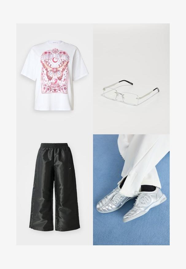 Witte oversized t-shirt met een roze vlinder graphic, bloemaccenten, en de tekst "Aurora Mystic Celestial Revelations."; Zwarte sportbroek van een glanzende, gladde stof, met een elastische tailleband, wijde pijpen en een klein logo aan de linkerkant.; Zilveren sportschoenen met een gladde, glanzende afwerking, voorzien van een gestikt ontwerp en het nummer 90 aan de zijkant, gecombineerd met witte broek.; Rechthoekige, doorzichtige brillenglazen met een dunne zilveren metalen montuur en zwarte acetaat uiteinden. Heeft minimale hardware voor een strakke uitstraling.