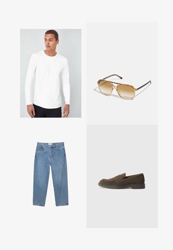 Hvid langærmet skjorte med rund halsudskæring, lavet af glat bomuldsstof, båret af en model mod en lys baggrund.; Lysblå denim jeans med lige ben, fem lomme-designet og et synligt mærkeetiket ved taljen.; Brune ruskinds loafers med en rund tå, en rem over forfoden og en flad gummisål. Enkel design med rene linjer og minimal dekoration.; Skildpaddefarvede solbriller med rektangulær ramme, brune gradientlinser og slanke sorte stænger med diskrete logodetaljer.