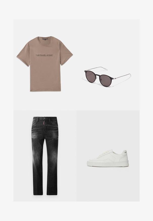 Brun bomuld t-shirt med rund hals. Har et præget "MICHAEL KORS" logo på forsiden. Korte ærmer og lige pasform.; Sorte denim jeans med lige pasform. Har falmede områder, mindre slid, klassisk fem-lommer design og knaplukning.; Hvide lædersneakers med en glat overflade, rund tå, flade snørebånd og en tekstureret sål. Har et diskret logo på hælen.; Sorte runde solbriller med mørke linser og slanke metalarme. Inkluderer klare tempeltips og sølvdetaljer ved hængslet. Minimalistisk design.