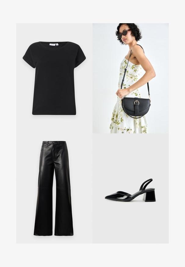 Juodas medvilnės marškinėliai su apvaliu kaklu, trumpomis pasuktomis rankovėmis ir laisvu siluetu. Pasižymi lygiu tekstūru ir minimalistiniu dizainu.; Juodos aukšto juosmens plačios kojų dirbtinės odos kelnės su priekiniais mygtukais, užtrauktuku, diržo kilpomis ir šoninėmis kišenėmis ant balto fono.; Juodos lakuotos odinės šlepetės su smailiu pirštu ir geometriniu bloko kulnu. Turi elegantišką, minimalistinį dizainą ir lygų paviršių.; Juodas odinis krepšys su išlenkta forma, nuimamu dirželiu ir auksiniais detalėmis. Krepšys turi kilpą su sagtimi.