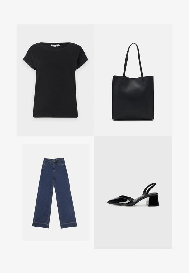 Črna bombažna majica s krojnim ovratnikom, kratkimi zvitimi rokavi in sproščenim krojem. Ponuja gladko teksturo in minimalni dizajn.; Široke traperice v temno modrem denimu. Imajo pet žepov, zanke za pas in surov rob na dnu z vidnimi šivi.; Črne lakirane slingback pete s koničastim nosom in geometrijsko blokasto peto. Imajo eleganten, minimalističen dizajn in gladko teksturo.; Črna usnjena torba s svilnato teksturo, pravokotne oblike in dvema dolgima ročajema. Brez vidnih metalnih delov ali okrasnih elementov.