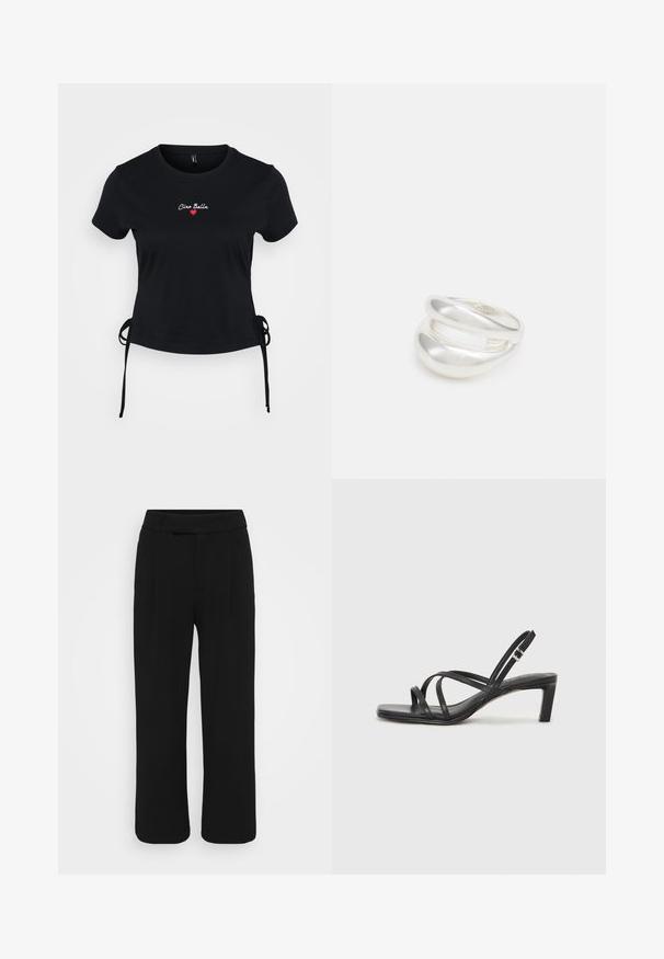 Juodas medvilnės marškinėliai trumpomis rankovėmis, papuošti išsiuvinėtu tekstu „Ciao Bella“ ir raudona širdimi, su reguliuojamais raiščiais šonuose.; Juodos plačios kelnės, pagamintos iš sklandžios medžiagos, turinčios lygią priekinę dalį, diržo kilpas ir nematomus kišenių. Švarus, pritaikytas dizainas.; Juodi šlepetės su kvadratiniu pirštu ir žemu bloku kulnu. Yra keli ploni dirželiai ir reguliuojamas kulkšnies diržas. Pagaminti iš lygios odos.; Sidabrinis dvigubas žiedas su lygiu, poliruotu paviršiumi. Pasižymi sklandžiu, kreiptu dizainu su persipinančiomis dalimis, suteikiančiomis modernų išvaizdą.