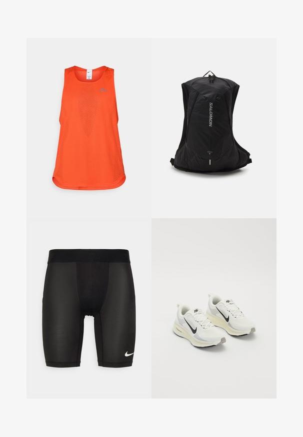 Oranges Sport-Top aus Netzstoff. Hat einen runden Halsausschnitt, ärmelloses Design und ein dezentes blaues Logo auf der Brust.; Schwarze Sportshorts aus glattem, dehnbarem Material. Mit einem breiten Bund, der mit einem eingeprägten Logo versehen ist, und einem kleinen weißen Logo am Bein.; Laufschuhe aus weißem atmungsaktivem Mesh mit hellgrauen Akzenten. Mit einem schwarzen Swoosh-Logo und einer hellgrauen Gummisohle.; Salomon CROSS 8 - Tagesrucksack - black