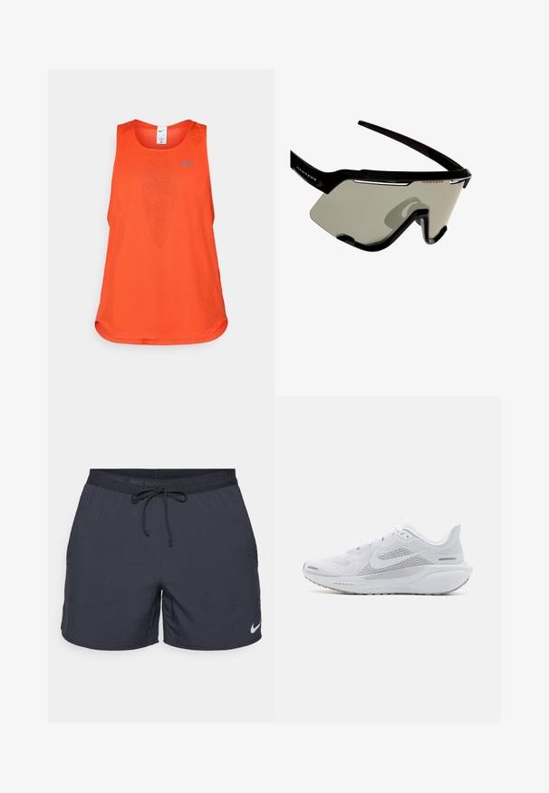 Oranžový sportovní top bez rukávů vyrobený z síťoviny. Má kulatý výstřih, bez rukávů a nenápadné modré logo na hrudi.; Běžecké šortky Nike, tmavě šedé, elastický pas s šňůrkou, boční kapsy, lehký materiál, s bílým logem Nike na dolním lemu.; Bílé sportovní boty s síťovaným svrškem, hladkými texturovanými překryvy, šedými akcenty, tkaničkami a polstrovanou podrážkou navrženou pro výkon.; Černé sportovní sluneční brýle s obepínajícím designem, velkými šedými čočkami a pevným rámem s bílými akcenty a logem.