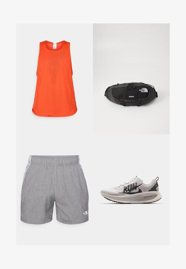 Oranje sporttanktop gemaakt van meshstof. Heeft een ronde halslijn, mouwloos ontwerp en een subtiele blauwe logo op de borst.; Grijze sportsshorts van lichtgewicht, ademend materiaal. Voorzien van een elastische tailleband en een klein wit logo aan de onderkant rechts.; Nike Performance VOMERO 18 RUN - Hardloopschoenen voor op de weg - summit white/black/college grey/vast grey/sequoia/sail; Zwarte heuptas van duurzaam nylonmateriaal, met een ritsvak met dubbele ritstrekkers en contrasterend wit logo en tekst. Compact ontwerp met verstelbare banden.