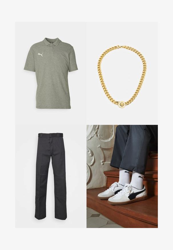 Šedá polo košeľa z mäkkej, textúrovanej látky s klasickým golierom a krátkymi rukávmi. Vyšívané biele logo na ľavej hrudi.; Čierne nohavice z odolnej tkaniny, s rovnými nohavicami, pásom s pútkami na opasok a švami pre zvýraznenie textúry.; Tenisky Puma v bielej a čiernej z semišu, s hnedou gumovou podrážkou. Kombinované s bielymi ponožkami s čiernym logom, nosené s tmavými nohavicami.; Zlatý náhrdelník s veľkými prepojenými článkami, ktorý má v strede okrúhly prívesok s vyvýšeným emblémom.