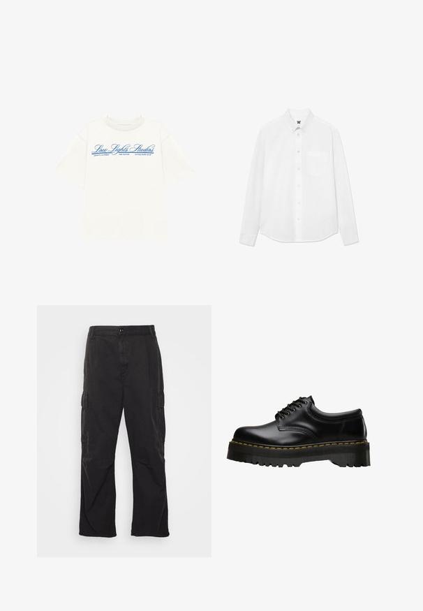 LOW LIGHTS STUDIOS® NATIONAL - T-shirts med print - ecru; Hvit skjorte med lange ermer og knappestolpe, har krage, brystlomme og subtil tekstur. Fronten har knapper og en liten logo-detalj.; Svarte cargo-bukser med rette bein, med to sidelommer, knappelukking og et strukturert stoff.; Svarte lær snøresko med en tykk, taggete svart gummisåle og gule sømmer langs kanten, med en glatt overflate.
