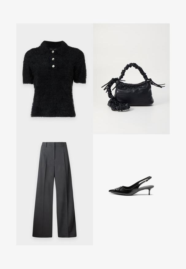 Must musternahk polo särk lühikeste varrukatega, valmistatud pehmest tekstureeritud kangast, millel on kolm ümmargust nuppu ja klassikaline volditud krae.; Tumesed püksid tumesinises kangas, kõrge vöökoht, üks voldik ning sile struktuur puhaste ääristega.; Musthave nahkased kõrged kontsad, millel on terav varvas, väike kitten-kont ja dekoratiivne sõlm ees. Ühtlane sile tekstuur.; Must must sünteetilisest nahast käekott, millel on krokodillimuster, kokku tõmmatav ülaosa ja kortsus rihm. Tundub pehme ja kompaktne disain.