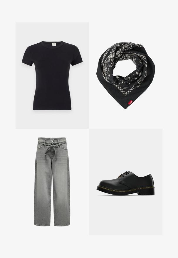 Juoda trumpa rankovė t-marškiniai, pagaminti iš minkštos, tamprios medžiagos, su klasikinėmis apvaliais iškirptėmis ir prigludusia siluetu, tinkami sluoksniavimui ar kasdienei aprangai.; Plačios kojų pilkos džinsinės kelnės su raištelių juosmeniu ir priekinėmis kišenėmis. Audinys turi šiek tiek tekstūros ir išblukusį finišą.; Juodas odines batų su apvaliu pirštu, su raišteliu, geltona siuvimo linija palei padą ir storu juodu guminiu padu, užtikrinančiu sukibimą.; Levi's® PAISLEY BANDANA UNISEX - Fuliaras - regular black; Austos pintinės iš neryškiai smėlinio spalvos pintos šiaudų, su juodu odiniu akcentu su įspaustu tekstu, dvigubomis pintomis rankenomis ir plačia, atvira forma.