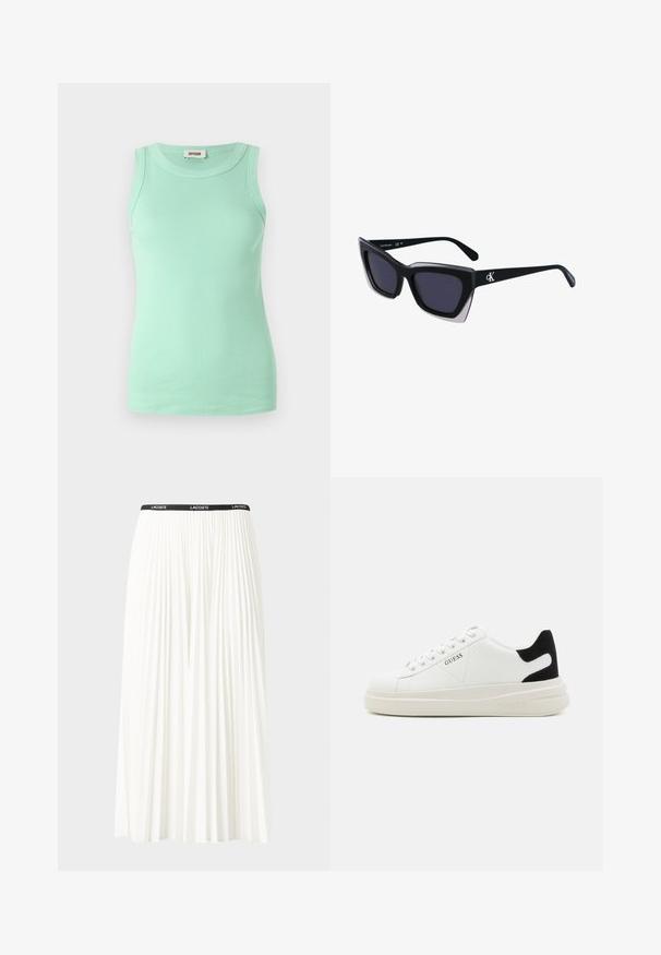 Mintgrønn ermeløs topp laget av ribbestrikket stoff med rund hals og figurnær design. Merket synlig ved halsen.; Plissert hvit skjørt med en svart elastisk midje som har "LACOSTE"-logoen. Midjelengde design med myk tekstur.; Hvite lær sneakers med tykk hvit såle, svart semsket hælforsterkning og preget logo på siden. Snøresystem med seks hull.; Store svarte solbriller i overdimensjonert størrelse med geometrisk form, med mørke linser og en kontrasterende grå detalj på rammen. Logo på armen.
