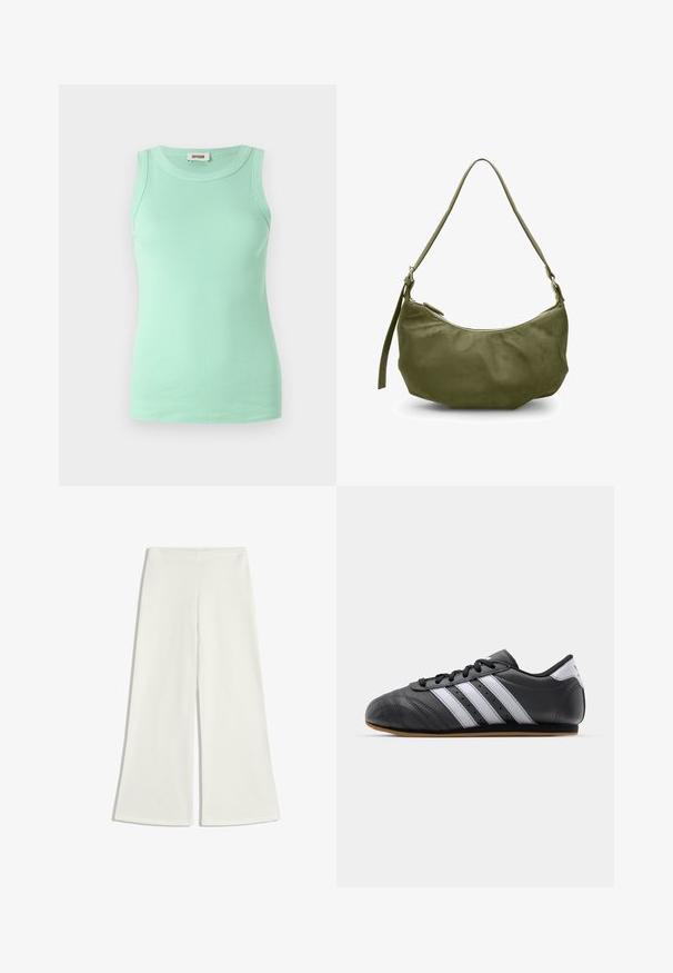 Top senza maniche verde menta realizzato in tessuto a coste, con scollatura rotonda e design aderente. Etichetta visibile all'altezza della scollatura.; Pantaloni a gamba larga bianchi realizzati in tessuto morbido. Presentano una vita alta e nessuna cucitura visibile, creando una silhouette pulita.; Scarpa sportiva in pelle nera con strisce bianche, punta rotonda, suola piatta e chiusura con lacci. Presenta perforazioni per la traspirabilità.; Borsa a spalla in pelle verde oliva con forma curva, chiusura con zip e tracolla regolabile. Texture liscia con minimi dettagli in metallo.
