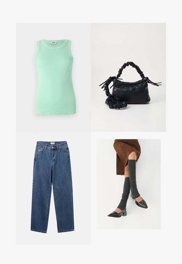 Mint zelena brezrokavnik iz rebraste tkanine z okroglim izrezom in prilegajočim dizajnom. Oznaka je vidna pri izrezu.; Klasične modre jeans hlače s ravnim krojem, petimi žepi in gumbom za zapiranje. Imajo srednje pranje in trdno teksturo.; Črne lakirane čevlje s pointy prsti in blok peto ter z naramnicami za gleženj, ki jih kombiniramo s sivimi rebrastimi nogavicami in rjavim suknjičem iz usnja.; Črna torbica iz umetnega usnja s krokodilovo teksturo, z zvitim vrhom in zmečkano naramico. Zdi se mehka in kompaktna v oblikovanju.