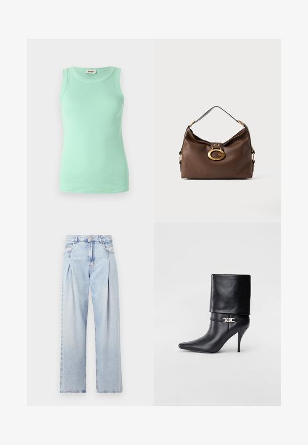 Miętowa, bezrękawnikowa bluzka z prążkowanej tkaniny, z okrągłym dekoltem i dopasowanym krojem. Metka widoczna przy dekolcie.; Jasnoniebieskie dżinsy z wysokim stanem, szerokimi nogawkami, dwoma bocznymi kieszeniami oraz plisowanym wzorem. Miękka tekstura z wyblakłym wykończeniem.; Czarne skórzane botki za kostkę z ostrym noskiem, wysokim obcasem w kształcie stiletto, z załamanym mankietem oraz złotym dekoracyjnym zapięciem na kostce.; Brązowa skórzana torebka o teksturowanym wykończeniu, z zapięciem w kolorze złota i pojedynczym, zakrzywionym paskiem na ramię.