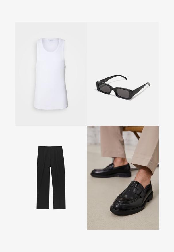 Fehér, puha pamutból készült ujjatlan felső, kerek nyakkivágással és egyenes aljjal rendelkezik. Minimális varrási részletezés.; Fekete nadrág egyenes szárú kialakítással, sima anyagból készült. Elöl redők és egy gombos záródás található a derékon.; Fekete bőr loaferek sima felülettel, díszítő pánttal és kontrasztos varrással, bézs nadrággal párosítva.; Fekete, téglalap alakú napszemüveg sötét lencsékkel, fényes felülettel, széles szárakkal és masszív keret designnal. Az egyik szárra gravírozott márkanevével.
