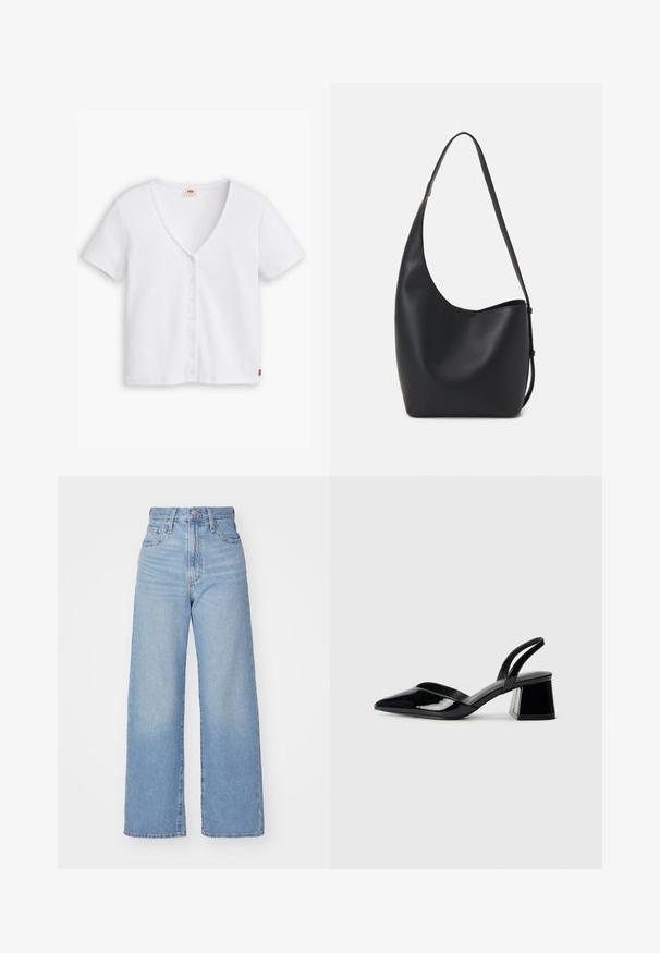 Top branco com efeito canelado e mangas curtas, com um decote em V profundo, apresentando uma fileira de seis botões na frente e um pequeno logotipo vermelho na bainha.; Jeans de cintura alta e perna larga em azul claro, com fecho frontal de botão e zíper, bolsos frontais e traseiros, sobre um fundo branco.; Sandy em verniz preto com salto slingback, ponta afilada e salto geométrico. Apresenta um design elegante e minimalista com textura suave.; Saco hobo preto em pele com uma textura lisa, forma curva e uma única alça ajustável; apresenta uma abertura larga na parte de cima.