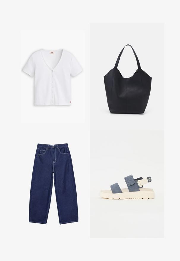 Weißes kurzärmeliges Oberteil mit Rippstruktur und tiefem V-Ausschnitt, featuring eine Reihe von sechs Knöpfen entlang der Vorderseite und einem kleinen roten Logo am Saum.; Dunkelblaue Jeansweite Hosen mit hoher Taille, fünf Taschen und kontrastierenden weißen Nähten. Glatte Textur, klassisches Design.; Blaue Wildledersandale mit zwei Riemen und verstellbarem Rückenteil. Dicke, cremefarbene Gummisohle mit strukturierten Details und Logo-Akzent.; Schwarze Tote-Bag aus glattem Leder, mit einem abgerundeten, offenen Oberteil, zwei Schulterträgern und einem minimalistischen Design.