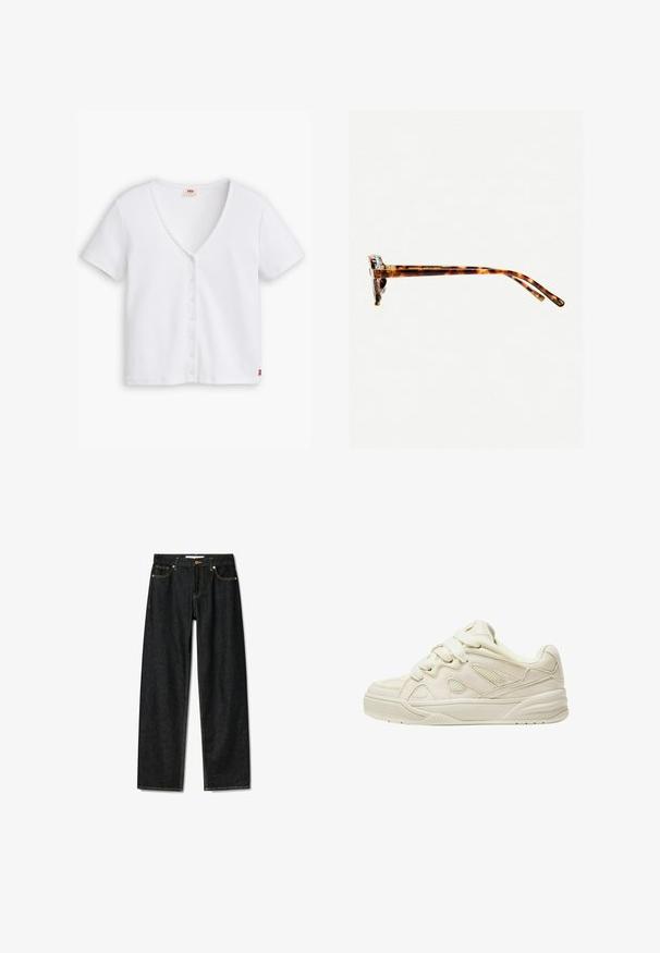 Fehér bordázott, rövid ujjas felső, mély V-nyakkal, elöl hat gombbal és a hemnél egy kisebb piros logóval.; Sötét farmernadrág egyenes szabással, réz gombos záródással és kontrasztos sárga varrással. Öt zsebbel és klasszikus fazonnal rendelkezik.; Beige sportcipők texturált felsőrészsel, kiemelkedő fűzőkkel, hálós panelek felfogott felsőrészen és vastag talppal. Ívelt dizájn párnázott bokarésszel a kényelem érdekében.; Teknőc mintás napszemüveg vastag kerettel, enyhén ívelt oldalakkal és sima felülettel. Klasszikus dizájn jellemzi, fényes kivitelben.