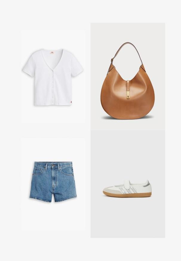 Biele rebrované tričko s krátkym rukávom a hlbokým výstrihom do V, s radom šiestich gombíkov na prednej strane a malým červeným logom na leme.; Džínové šortky v svetlo modrej farbe, s piatimi vreckami, zipsom a zapínaním na gombík. Spodný lem je rozstrapkaný s voľným strihom.; Biela teniska so striebornými pruhmi, zamatovou špičkou a suchým zipsom. Textúrovaná podrážka z gumy vo farbe žuvačky. Minimalistický dizajn s hladkým povrchom.; Hnedá kožená taška s zakriveným tvarom a širokým ramenným popruhom. Funkcie zlatého kovového akcentu v strede a hladkej textúry.