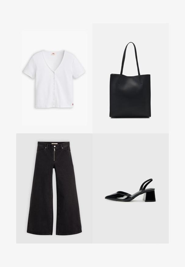 Hvit ribbet T-skjorte med kort erm og dyp V-hals, med en rad av seks knapper foran og en liten rød logo nederst.; Vide benbukser i sort denim med glidelås i front, fem-lomme design og subtile sømdetaljer. Glatt tekstur og avslappet stil.; Svarte patentlær slingback hæler med spiss tå og geometrisk blokk hæl. Har et stilrent, minimalistisk design og jevn tekstur.; Svart lær tote bag med glatt tekstur, rektangulær form og to lange håndtak. Ingen synlige deler eller dekorasjoner.
