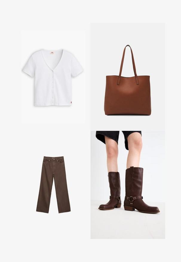 Biała, prążkowana bluzka z krótkim rękawem i głębokim dekoltem w kształcie litery V, z rzędem sześciu guzików z przodu oraz małym czerwonym logo na dole.; Szerokie brązowe dżinsy wykonane z denimu, z wysokim stanem, przednimi kieszeniami i klasycznym zapięciem na guzik. Gładka faktura z subtelnym przeszyciem.; Brązowe skórzane kozaki do kolan z okrągłym noskiem, teksturowaną powierzchnią, paskiem w okolicy kostki i srebrnymi detalami; na platformie.; Brązowa skórzana torba tote o gładkiej fakturze, z otwartym wierzchem i dwoma ramiączkami. Charakteryzuje się minimalnym przeszyciem i brakiem widocznych elementów metalowych.