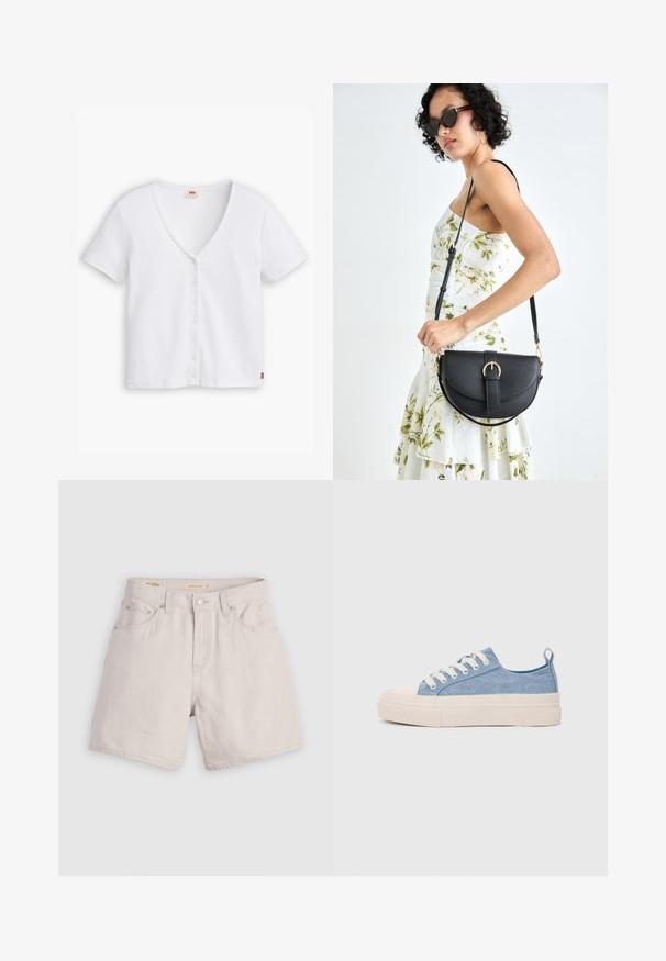 Top branco com efeito canelado e mangas curtas, com um decote em V profundo, apresentando uma fileira de seis botões na frente e um pequeno logotipo vermelho na bainha.; Shorts de denim bege de cintura alta com fecho de botão à frente, passadores para cinto e design de cinco bolsos; leve com uma textura suave.; Ténis de lona azul claro com uma biqueira e sola de borracha creme, apresentando atacadores brancos e uma alça na parte de trás.; Bolsa de couro preta com forma curva, alça destacável e detalhes em dourado. A bolsa possui uma aba com detalhe de fivela.