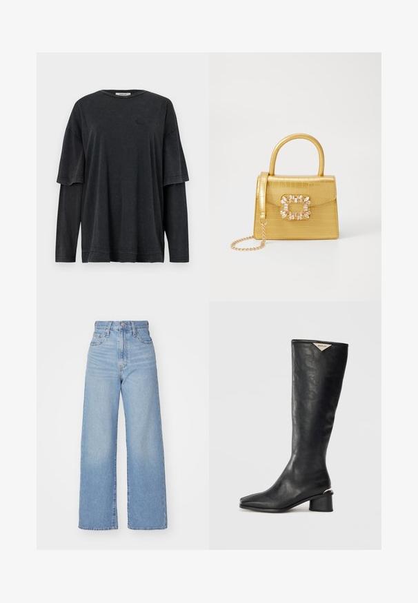 Mustavärinen ylisuuri t-paita lyhyillä hihoilla, jonka alla on pitkähihaisen paita. Valmistettu pehmeästä, teksturoidusta kankaasta, jossa on hienovarainen logo-yksityiskohta.; Vaalean siniset korkeavyötäröiset löysät farkut, joissa on etuvetoketju ja nappikiinnitys, sekä edessä että takana taskut, valkoista taustaa vasten.; Musta polvipituiset saappaat, jotka on valmistettu sileästä nahasta, ja joissa on neliömäinen kärki sekä keskikokoinen loivakorko, jossa on metallinen yksityiskohta kannassa.; Keltainen keinonahkainen krokotiililaukku, jossa on jämäkkä muotoilu, yläkahva, irrotettava ketjusanka ja koristeellinen kristallikoristelu lukossa.