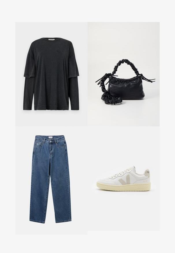 Črna oversized majica s kratkimi rokavi, oblečena čez majico z dolgimi rokavi. Narejena iz mehkega, teksturiranega materiala s subtilnim logotipom.; Klasične modre jeans hlače s ravnim krojem, petimi žepi in gumbom za zapiranje. Imajo srednje pranje in trdno teksturo.; Bela usnjena tenisača z bež semiš poudarki, perforiranim prednjim delom, ravnimi vezalkami in strukturiranim kremnim podplatom. Ima diskretno blagovno znamko na peti.; Črna torbica iz umetnega usnja s krokodilovo teksturo, z zvitim vrhom in zmečkano naramico. Zdi se mehka in kompaktna v oblikovanju.