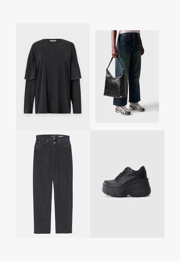 Zwart oversized T-shirt met korte mouwen, gelaagd over een lange mouw onderstuk. Gemaakt van zachte, gestructureerde stof met subtiele logo-details.; Zwarte denim broek met rechte pasvorm, voorzien van koperen klinknagels, knoopsluiting en vijf zakken. Schoon ontwerp zonder extra versieringen.; Zwarte vetersneakers met een dikke zool, voorzien van een bovenwerk van soepel leer, een ronde neus en een herkenbaar gelaagd platformontwerp.; Zwarte leren schoudertas met een gladde textuur en een verstelbare strap, gecombineerd met vervaagde wijde jeans en sportieve sneakers.