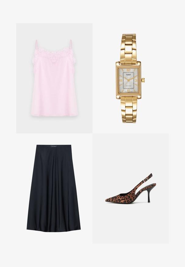 Rozā korsetē ar regulējamiem siksnām, ar delikātu mežģīņu apdari ap kakla līniju un gludu, mīkstu auduma tekstūru.; Melna, uz ceļa garuma svārku izgatavota no viegla auduma ar plūstošu dizainu. Ir gluda tekstūra un smalkas krokas papildu detaļām.; Laišu raksta slingback augstpapēžu kurpes ar norādītu purngali, melnu spīdīgu papēdi un regulējamu potītes siksniņu. Mīksts materiāls ar teksturētu apdari.; Zelta tonis taisnstūra rokas pulkstenis ar balto ciparnīcu, sudraba tonis stundu rādītājiem un izturīgu metāla saiti. Iekļauta ūdens izturība.
