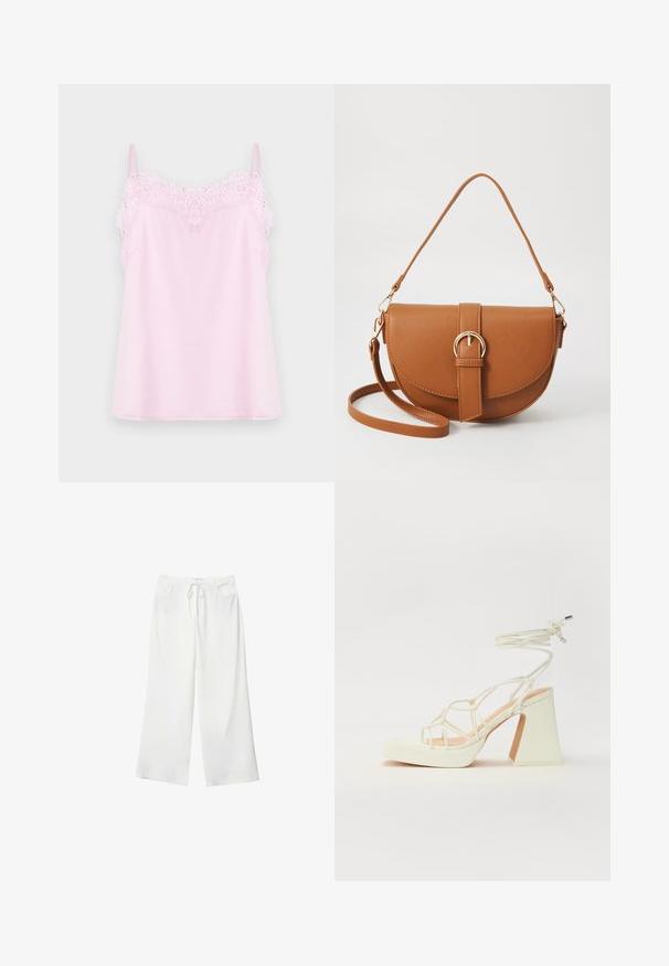 Roza top s naramenicama koje se mogu podešavati, sa delikatnim čipkastim detaljem duž dekoltea i glatkom, mekanom teksturom tkanine.; Bijele hlače širokih nogavica od mekanog materijala, s elastičnom trakom u struku i dva prednja džepa. Glatka tekstura i bez vidljivih uzoraka.; Bijela sandala na visokoj potpetici s debelim petom, s remenom i vezanjem oko gležnja. Glatka tekstura s platformom sprijeda za dodatnu visinu.; Smeđa kožna torba preko tijela s zakrivljenim oblikom, zlatnim metalnim detaljima i naglaskom na kopču. Ima odvojivu naramenicu.