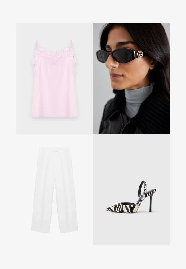 Roza top s naramenicama koje se mogu podešavati, sa delikatnim čipkastim detaljem duž dekoltea i glatkom, mekanom teksturom tkanine.; Široke bijele hlače s glatkom teksturom, s visokim strukom i dva bočna džepa. Jednostavan dizajn bez vidljivih uzoraka.; Sandal sa špicastim prstom i potpeticom u crno-bijelom uzorku zebra, sa slim visokim potpeticama i otvorenim dizajnom straga, unutar crne boje.; Crne sunčane naočale sa elegantnim pravokutnim okvirom i zlatnim logotipom na strani. Tamna stakla i sjajni finiš su istaknuti.