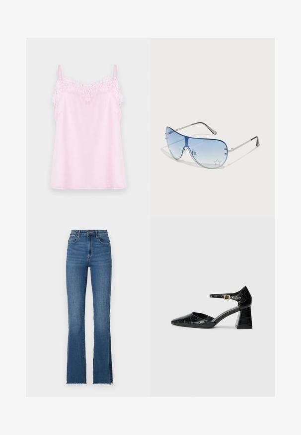 Roosa kampsun reguleeritavate rihmadega, millel on õrn pitsäärtöö kaeluses ja sile, pehme kangatekstuuri.; Laienevate siniste teksade kõrge talje, millel on replika lähenev äär ja viie tasku disain. Sile tekstuur koos peene pleekimisega.; Must musta mustad kõrge kontsaga king, millel on terav nina, pahkluu rihm ja tekstureeritud krokodillimuster. Ruudukujuline ploki konts.; Aviatori prillid, millel on gradient sinine objektiiv, hõbedane metallraam ja dekoratiivsed staaraktsendid objektiivil. Sujuv ja stiilne disain.