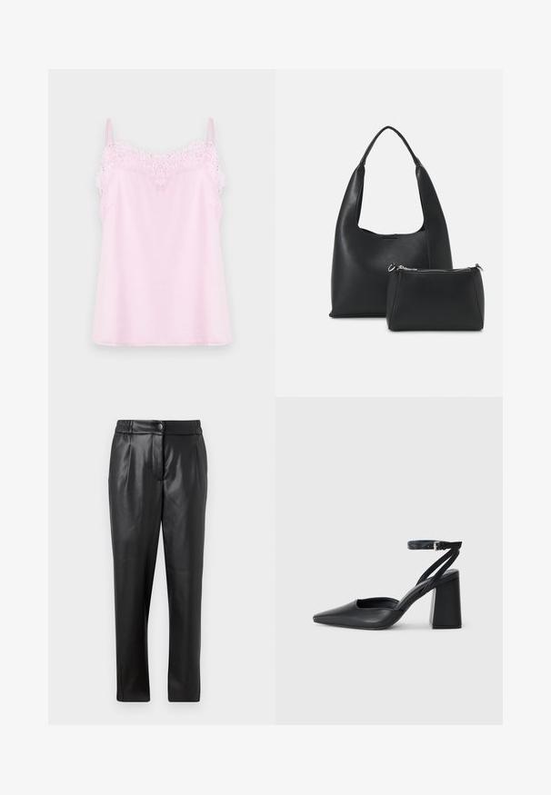 Roza majica na naramnice z nastavljivimi naramnicami, ki ima nežno čipkasto obrobo ob izrezu ter gladko, mehko teksturo tkanine.; Črne usnjene hlače z gladko teksturo, ravnim krojem, elastičnim pasom in sprednjim gumbom; nagubani detajli in zoženi nogi.; Črne usnjene klasične čevlje z ostrim nosom, z zaponko za gleženj in debelim peto. Ravna tekstura, eleganten dizajn in minimalistična estetika.; Even&Odd Torbica - black